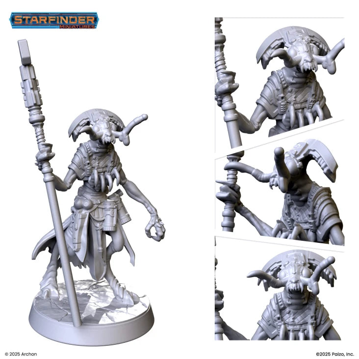 Starfinder: Keskodai the Mystic - Unpainted grey resin miniature of an alien mystic with elaborate head crest, holding a staff and orb, standing on circular.