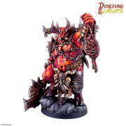 Dungeons & Lasers: Baef the Horned Demon (Unpainted) (PREORDER) - Red-skinned horned demon miniature with spiked armor, skulls, and a large chained mace on rocky base.
