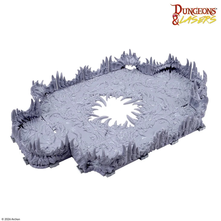 Dungeons & Lasers: Maw of the Abyss (Unpainted) (PREORDER) - Unpainted rectangular dungeon terrain piece with jagged walls and a central circular abyss opening for tabletop gaming.