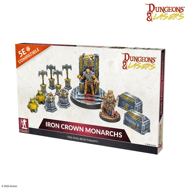 Dungeons & Lasers: Iron Crown Monarchs (Unpainted) (PREORDER) - Boxed set of unpainted resin miniatures featuring armored medieval monarchs, weapons, and treasure chests for tabletop.