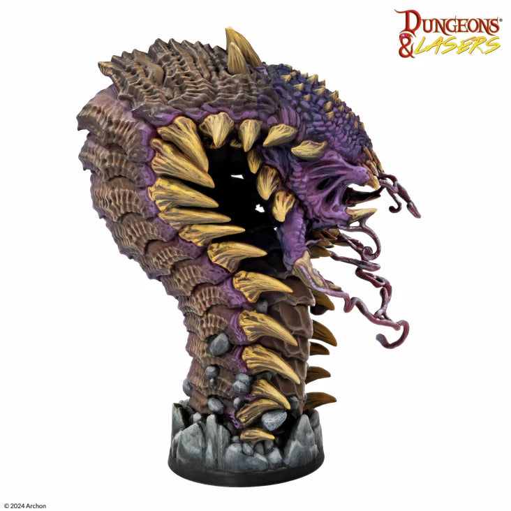 Dungeons & Lasers: Sandwyrm (Unpainted) - Unpainted detailed resin miniature of a coiled sandwyrm with segmented armor plating and multiple sharp teeth.