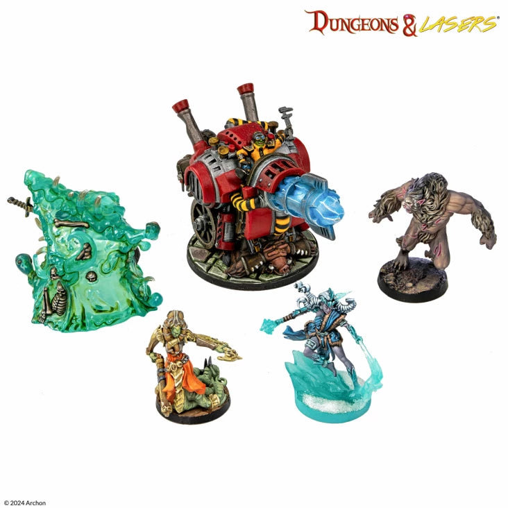 Dungeons & Lasers: Victims Of Insanity (Unpainted) - Five unpainted tabletop miniatures featuring a red robotic mech with blue energy cannon, a green slime monster, a brown.