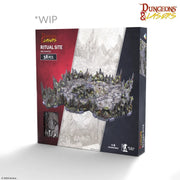 Dungeons & Lasers: Ritual Sites Pre-Painted Prismacast Terrain - Pre-painted Prismacast rocky terrain with jagged spires and mossy accents for tabletop gaming, boxed set.
