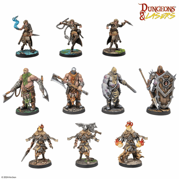 Dungeons & Lasers: Armies Of Deuslair (Unpainted) - Nine unpainted miniature fantasy warrior figures in dynamic poses, featuring weapons like axes, swords, shields, and magical
