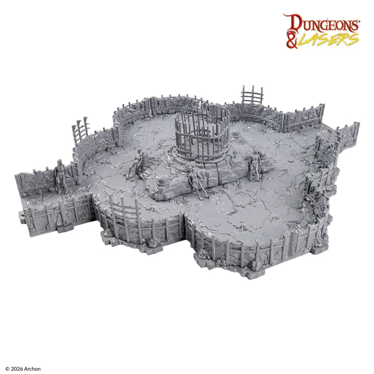 Dungeons & Lasers: Chambers of Agony (Unpainted) (PREORDER) - Unpainted modular terrain piece with rocky ground, wooden fences, and a central cage for tabletop gaming.