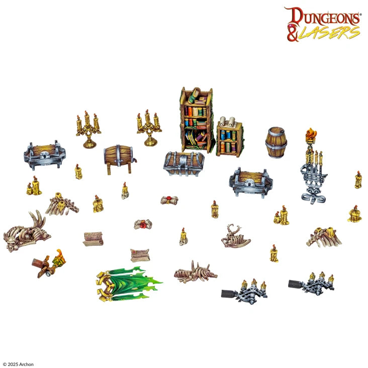 Dungeons & Lasers: Cavern Relics (Unpainted) (PREORDER) - Unpainted miniature resin dungeon props including treasure chests, bookshelves, candles, barrels, traps, and skeletal.