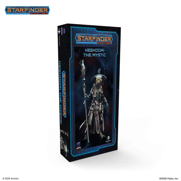 Starfinder: Keskodai the Mystic - Tall black Starfinder action figure box featuring Keskodai the Mystic with detailed silver and blue armor and a glowing.
