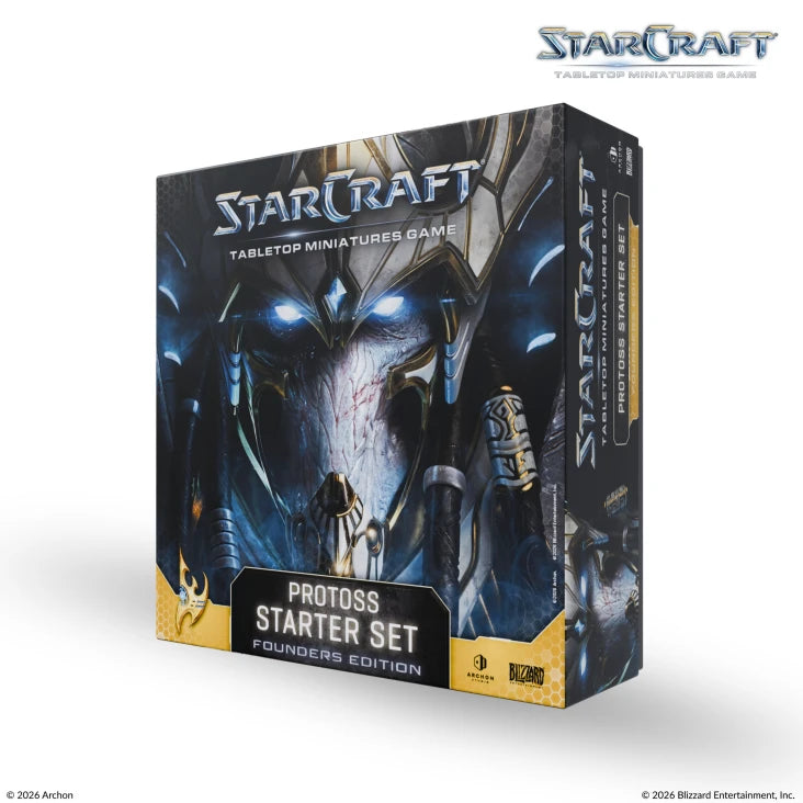 StarCraft TMG: Protoss Starter Set Founders Edition (PREORDER) - StarCraft Protoss Starter Set boxed wargame featuring dark sci-fi robotic artwork with blue and metallic silver tones.