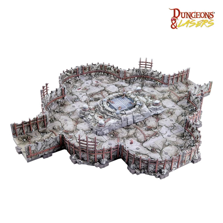 Dungeons & Lasers: Chambers of Agony (Pre-Painted) (PREORDER) - Hexagonal dungeon terrain piece with textured stone floor, raised edges, wooden spikes, and central pit detail in gray and.