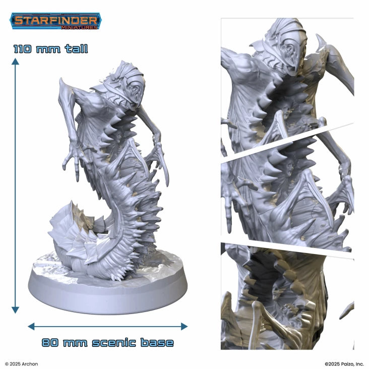 Starfinder: Bloodbrother - Gray segmented sci-fi worm miniature with spiked ridges on circular base, detailed exoskeleton texture.