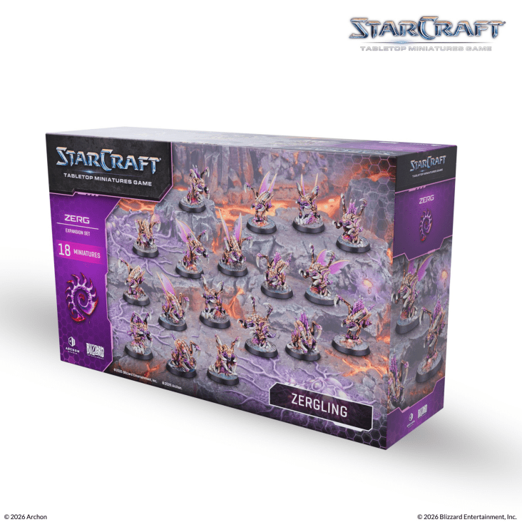 StarCraft TMG: Zerg - Zergling, Expansion Set (PREORDER) - Boxed set of 18 detailed plastic Zergling miniatures from StarCraft TMG expansion, painted in orange and gray tones with.