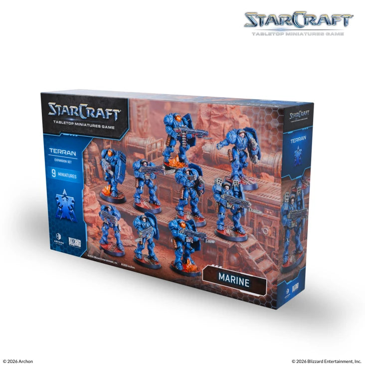 StarCraft TMG: Terran - Marine, Expansion Set (PREORDER) - Boxed set of blue miniature Terran Marine figures from StarCraft TMG expansion, detailed sci-fi armor designs.