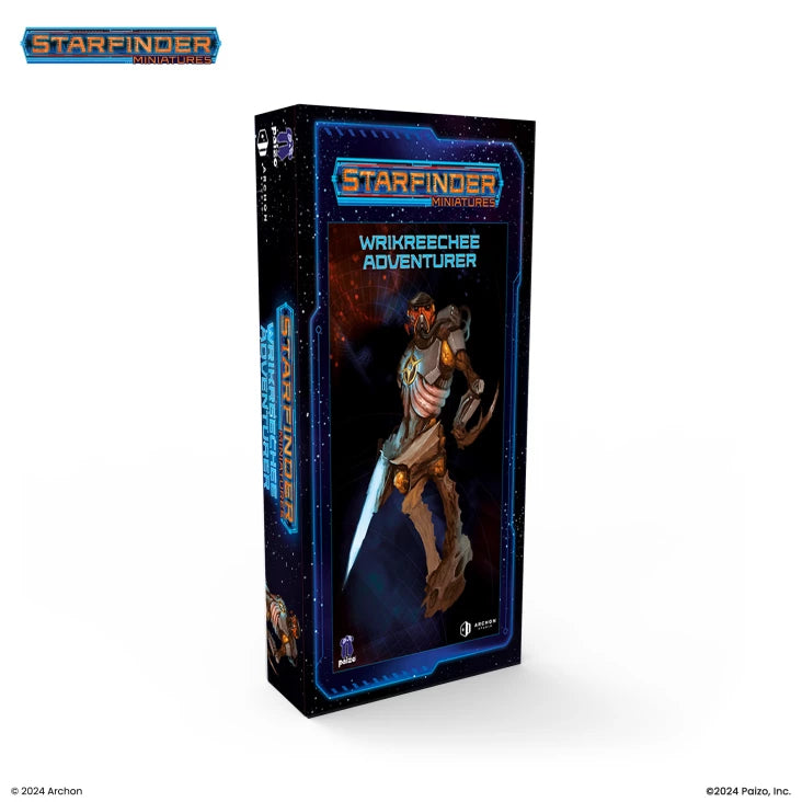 Starfinder: Wrikreechee Creature - Tall rectangular box with dark blue sci-fi design featuring an alien creature wielding a glowing sword labeled Wrikreechee.