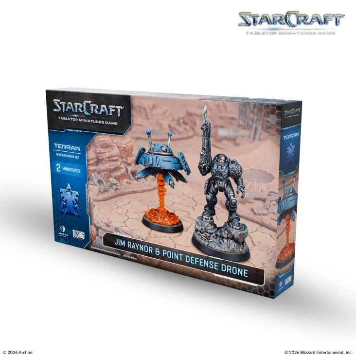 StarCraft TMG: Terran - Jim Raynor & Point Defense Drone (PREORDER) - StarCraft TMG expansion box featuring Jim Raynor humanoid figure in armor and blue Point Defense Drone on orange base.