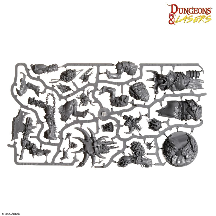 Dungeons & Lasers: Baef the Horned Demon (Unpainted) (PREORDER) - Gray plastic sprue with parts for assembling Baef the Horned Demon miniature, featuring horns, claws, wings, and a circular.