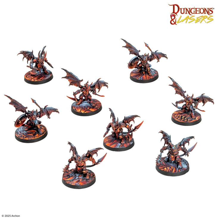 Dungeons & Lasers: Infernal Imps (Unpainted) - Seven unpainted miniature imps with wings, horns, and weapons, sculpted in detailed gray resin on round bases with fiery.
