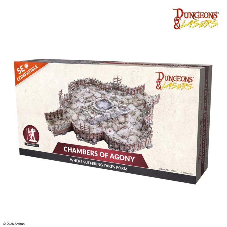 Dungeons & Lasers: Chambers of Agony (Unpainted) (PREORDER) - Rectangular box with beige background featuring unpainted gray dungeon terrain model with intricate stone floor and spiked.