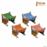 Dungeons & Lasers: Market Stalls Set (Unpainted) - Four unpainted miniature market stalls with striped fabric canopies in green, blue, yellow, and red, featuring detailed.