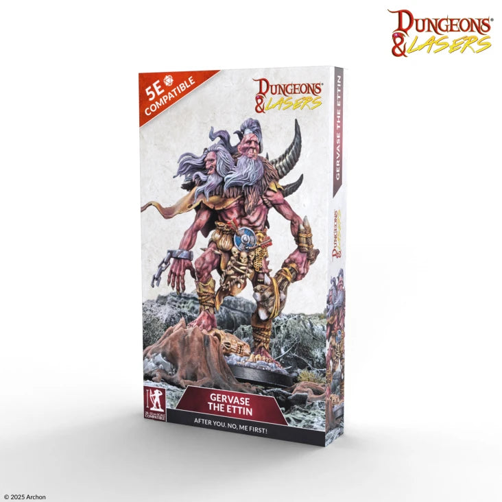 Dungeons & Lasers: Gervase the Ettin (Unpainted) - Unpainted resin miniature of a two-headed, muscular Ettin wielding a large club with detailed armor and cloth elements.