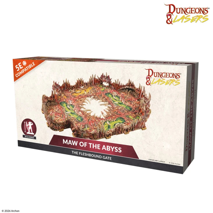 Dungeons & Lasers: Maw of the Abyss (Unpainted) (PREORDER) - Rectangular box featuring colorful, detailed fantasy terrain model with jagged rocks and glowing abyss center on front panel.