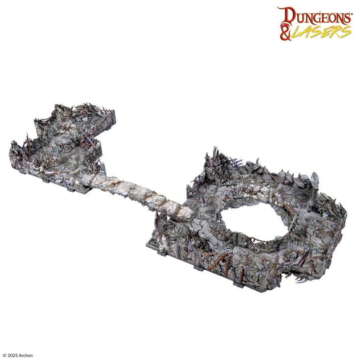 Dungeons & Lasers: Demonic Caves Pre-Painted Prismacast Terrain - Pre-painted gray and black resin dungeon terrain with jagged rocky walls, narrow stone bridge, and circular cave chamber for