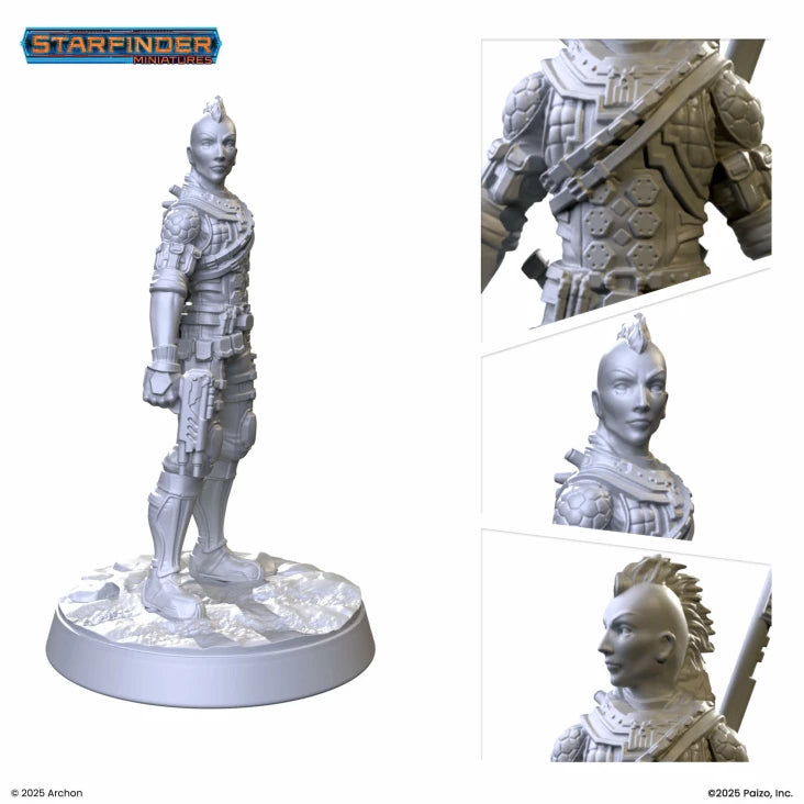 Starfinder: Iseph The Operative - Unpainted gray plastic miniature of a futuristic soldier with armor and a mohawk hairstyle on a round base.