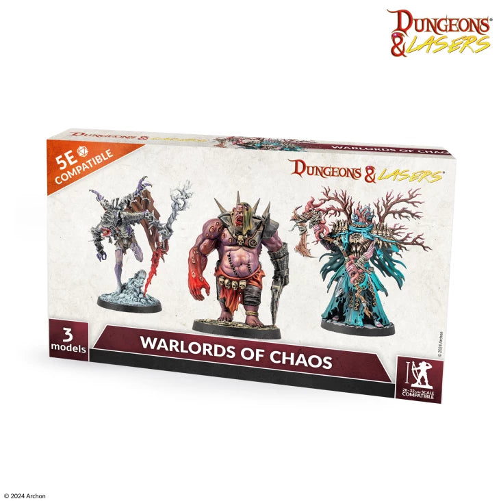 Dungeons & Lasers: Warlords Of Chaos (Unpainted) - Set of three unpainted fantasy miniature models featuring monstrous warriors with intricate armor and weaponry on round.