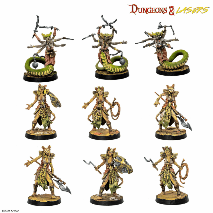 Dungeons & Lasers: White Eyes Dunes (Unpainted) - Unpainted miniatures featuring humanoid reptilian warriors wielding various weapons and a large serpentine creature with.