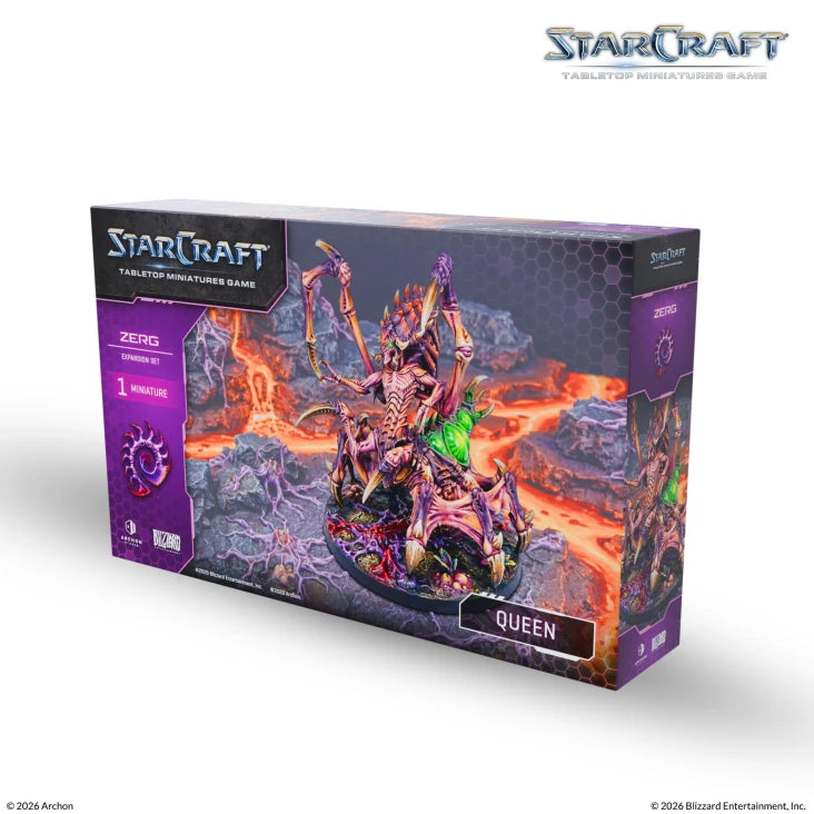 StarCraft TMG: Zerg - Queen, Expansion Set (PREORDER) - Purple and green insectoid alien queen miniature on volcanic terrain, StarCraft TMG expansion box.