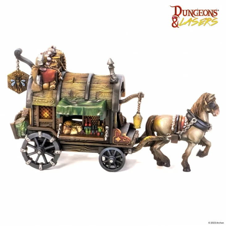 Dungeons & Lasers: Stagecoach (Unpainted) - Unpainted detailed miniature stagecoach pulled by a horse, wooden cart with covered top, barrels, and hanging lantern.