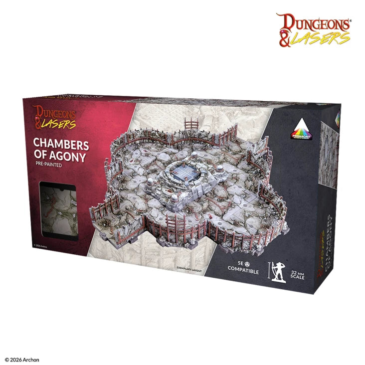 Dungeons & Lasers: Chambers of Agony (Pre-Painted) (PREORDER) - Boxed Dungeons & Lasers Chambers of Agony pre-painted detailed dungeon terrain kit with stone walls and gothic design.