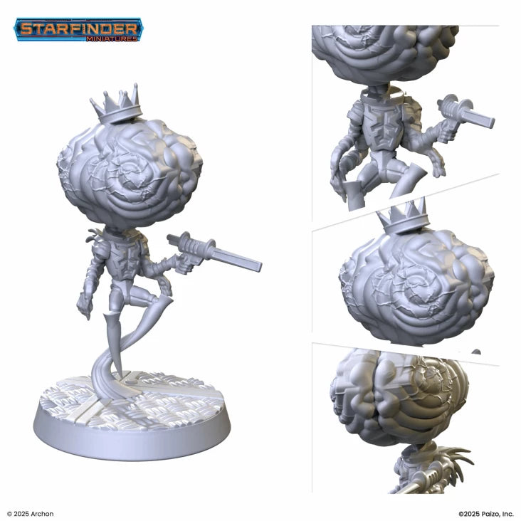 Starfinder: Contemplative Mentor - Gray resin miniature of a humanoid figure with a large brain-shaped head wearing a crown, holding a futuristic gun and.