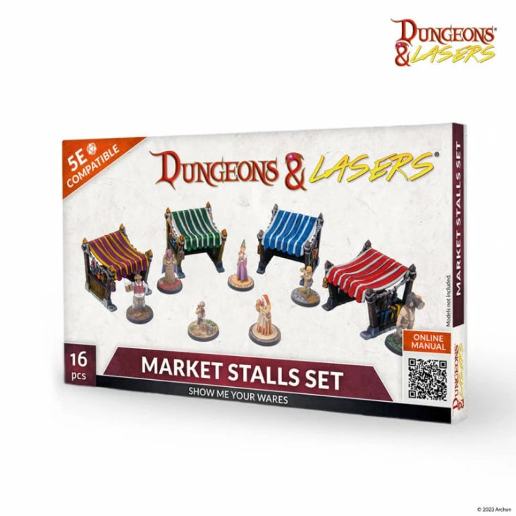 Dungeons & Lasers: Market Stalls Set (Unpainted) - Unpainted miniature market stalls with red, blue, green, and striped canopies on round bases in a 16-piece set box.