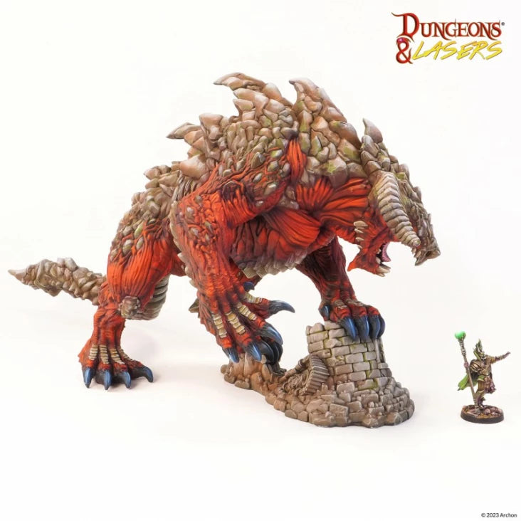 Dungeons & Lasers: Tarrasque (Unpainted) - Unpainted large detailed miniature of a fierce Tarrasque monster with spiked armor kneeling on a stone base next to a small.