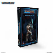 Starfinder: Nuar Enforcer - Tall rectangular box with dark sci-fi artwork of a powerful armored warrior holding a glowing blue sword, labeled Starfinder