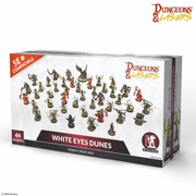 Dungeons & Lasers: White Eyes Dunes (Unpainted) - Set of 44 unpainted desert creature miniatures in various fantasy poses on display board, packaged in rectangular box.