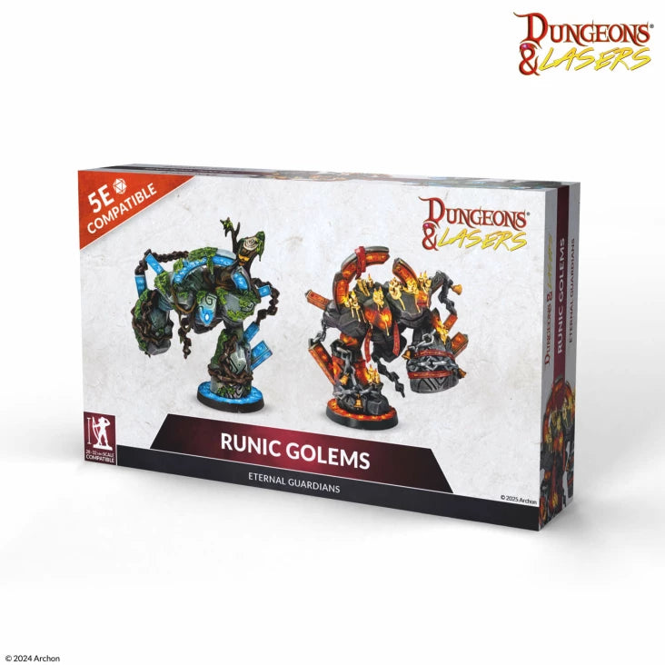 Dungeons & Lasers: Runic Golems (Unpainted) - Boxed set of unpainted runic golem miniatures from Dungeons & Lasers, showing detailed fantasy stone and metal constructs in