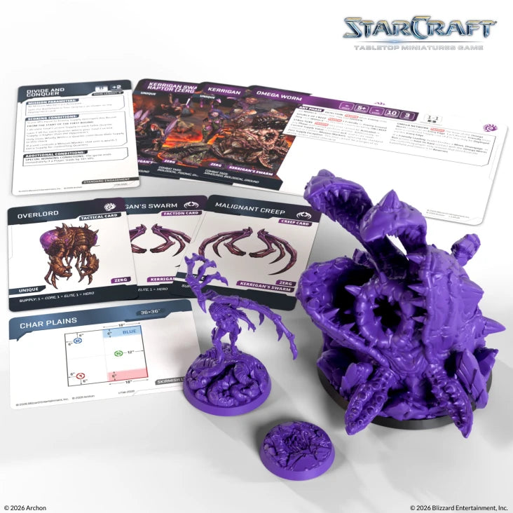 StarCraft TMG: Zerg - Kerrigan & Omega Wurm, Hero Expansion Set (PREORDER) - Purple plastic miniature models of Kerrigan and Omega Wurm with detailed multipart cards and reference sheets for tabletop.