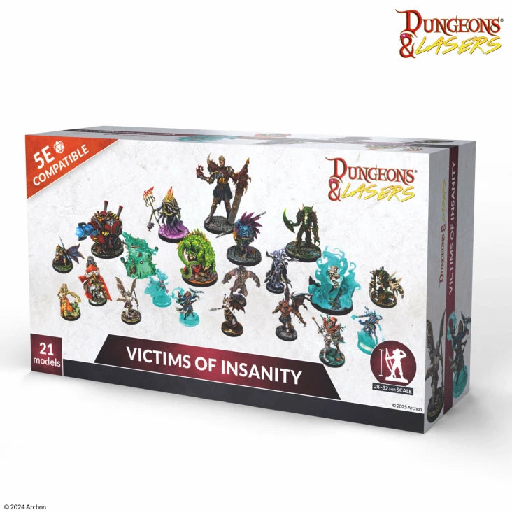 Dungeons & Lasers: Victims Of Insanity (Unpainted) - Boxed set of 21 unpainted detailed fantasy miniatures featuring monsters and characters for tabletop gaming.