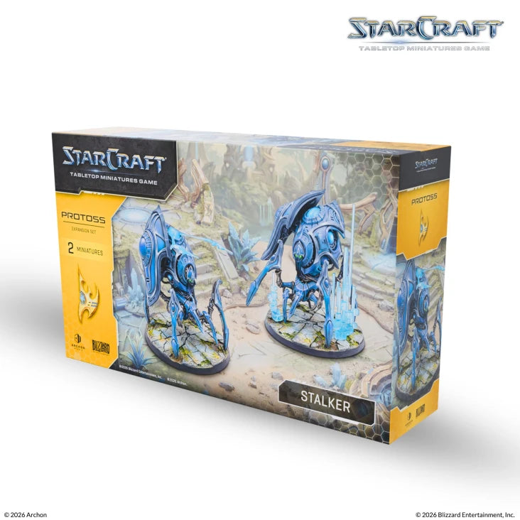 StarCraft TMG: Protoss - Stalker (PREORDER) - StarCraft TMG Protoss Stalker expansion box featuring blue alien mech miniatures on a desert battlefield background.