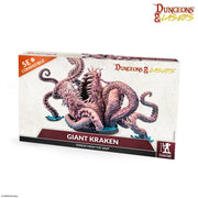 Dungeons & Lasers: Giant Kraken (Unpainted) - Unpainted giant kraken miniature with multiple twisting tentacles on a rectangular box with fantasy-themed artwork and.