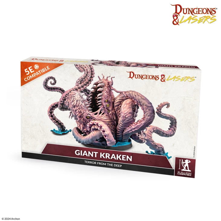 Dungeons & Lasers: Giant Kraken (Unpainted) - Unpainted giant kraken miniature with multiple twisting tentacles on a rectangular box with fantasy-themed artwork and.