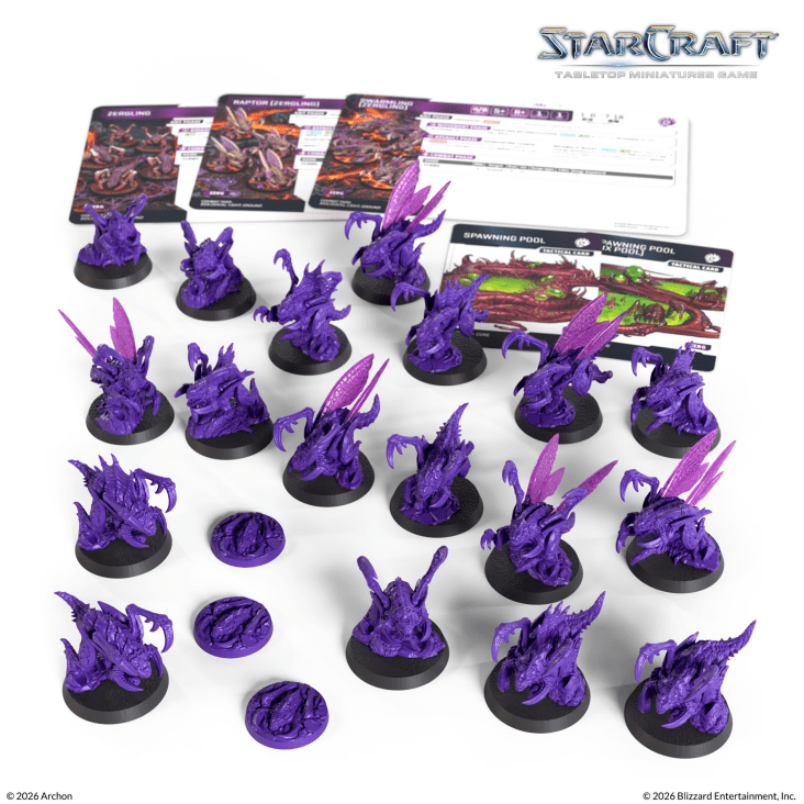 StarCraft TMG: Zerg - Zergling, Expansion Set (PREORDER) - Set of detailed purple Zergling miniatures with insect-like shapes and spiked carapaces on round black bases for tabletop.