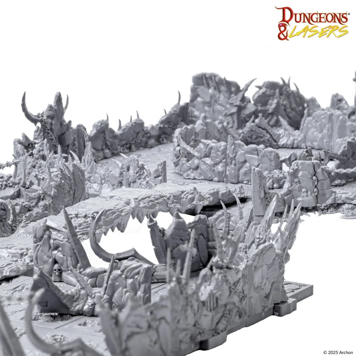 Dungeons & Lasers: Demonic Caves Terrain - Gray modular dungeon terrain with jagged rocks, spiked walls, and demonic horned statues.
