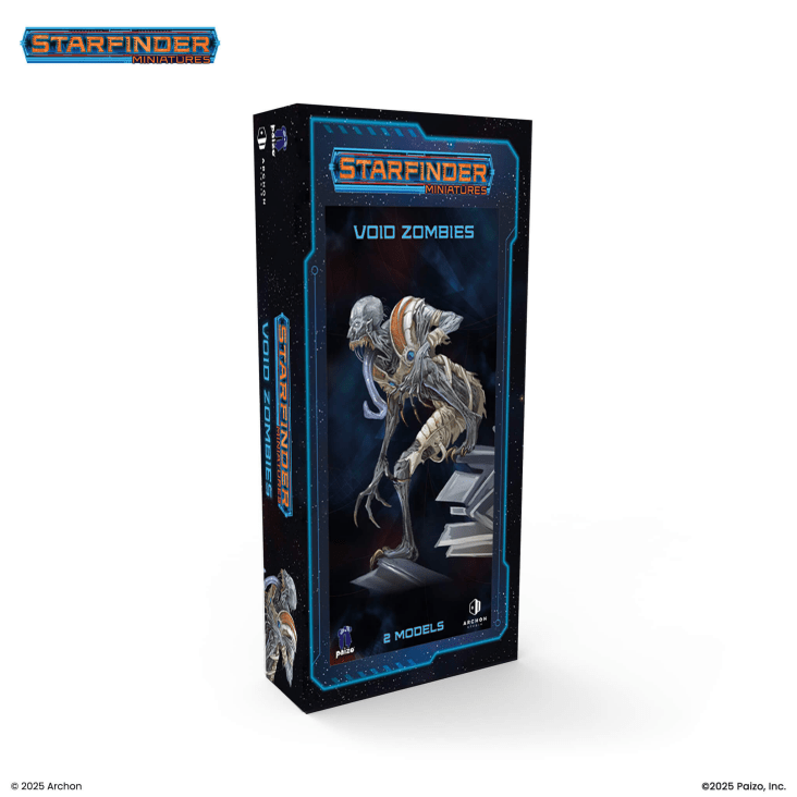 Starfinder: Void Zombies - Tall rectangular box with black and blue sci-fi design featuring a detailed gray alien zombie figure on the cover.