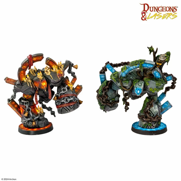Dungeons & Lasers: Runic Golems (Unpainted) - Two detailed unpainted miniature golem figures, one with fiery lava and rock textures, the other with mossy green stone and.