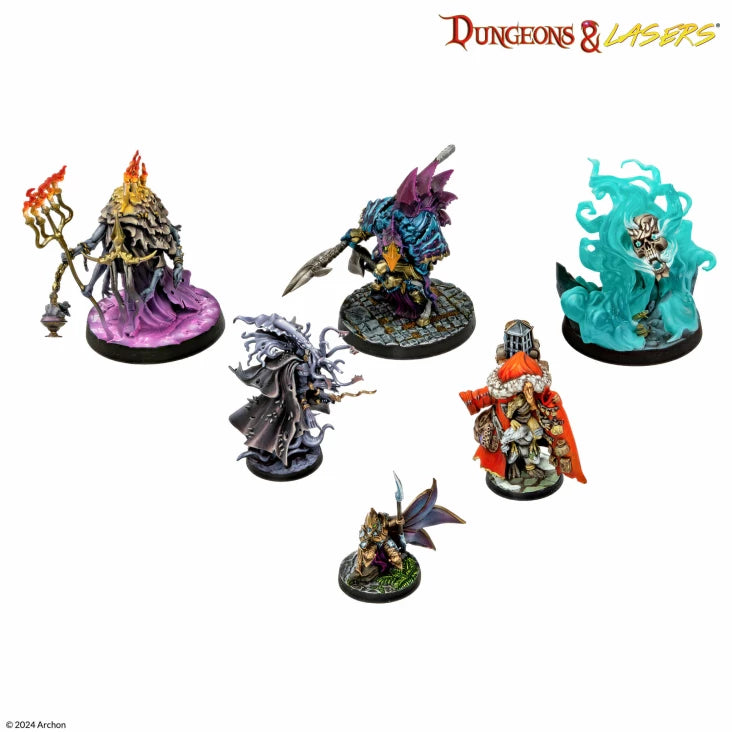 Dungeons & Lasers: Victims Of Insanity (Unpainted) - Set of six unpainted fantasy miniatures featuring humanoid and monstrous characters with detailed armor, weapons, and.