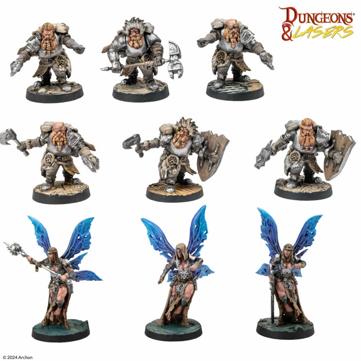 Dungeons & Lasers: Armies Of Deuslair (Unpainted) - Nine unpainted fantasy miniatures including armored warriors and winged fairy-like figures, detailed sculpted poses on round