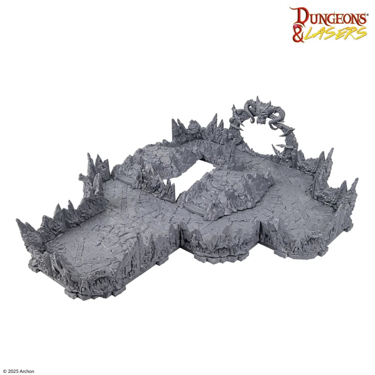 Dungeons & Lasers: Ritual Sites Terrain (PREORDER) - Gray modular terrain piece with jagged rocky edges and a semicircular stone arch for tabletop gaming.
