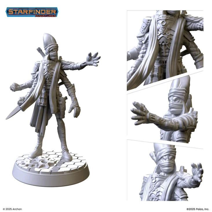 Starfinder: Altronus the Solarian - Gray plastic miniature of a tall figure in a long coat and hat, with outstretched hands and a sword sheathed at the waist on